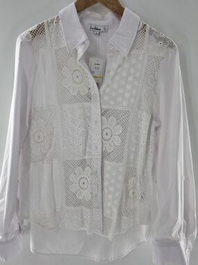 Sam Edelman White Crochet Patchwork Button Up Long Sleeve  Shirt Womens Size Med